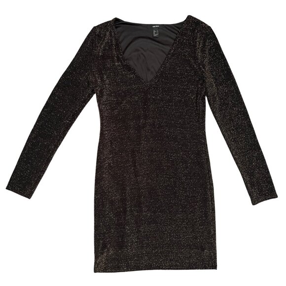 Forever 21 Black Metallic Shimmer Bodycon Mini Dress Size L V-Neck Party Glam - Picture 4 of 14